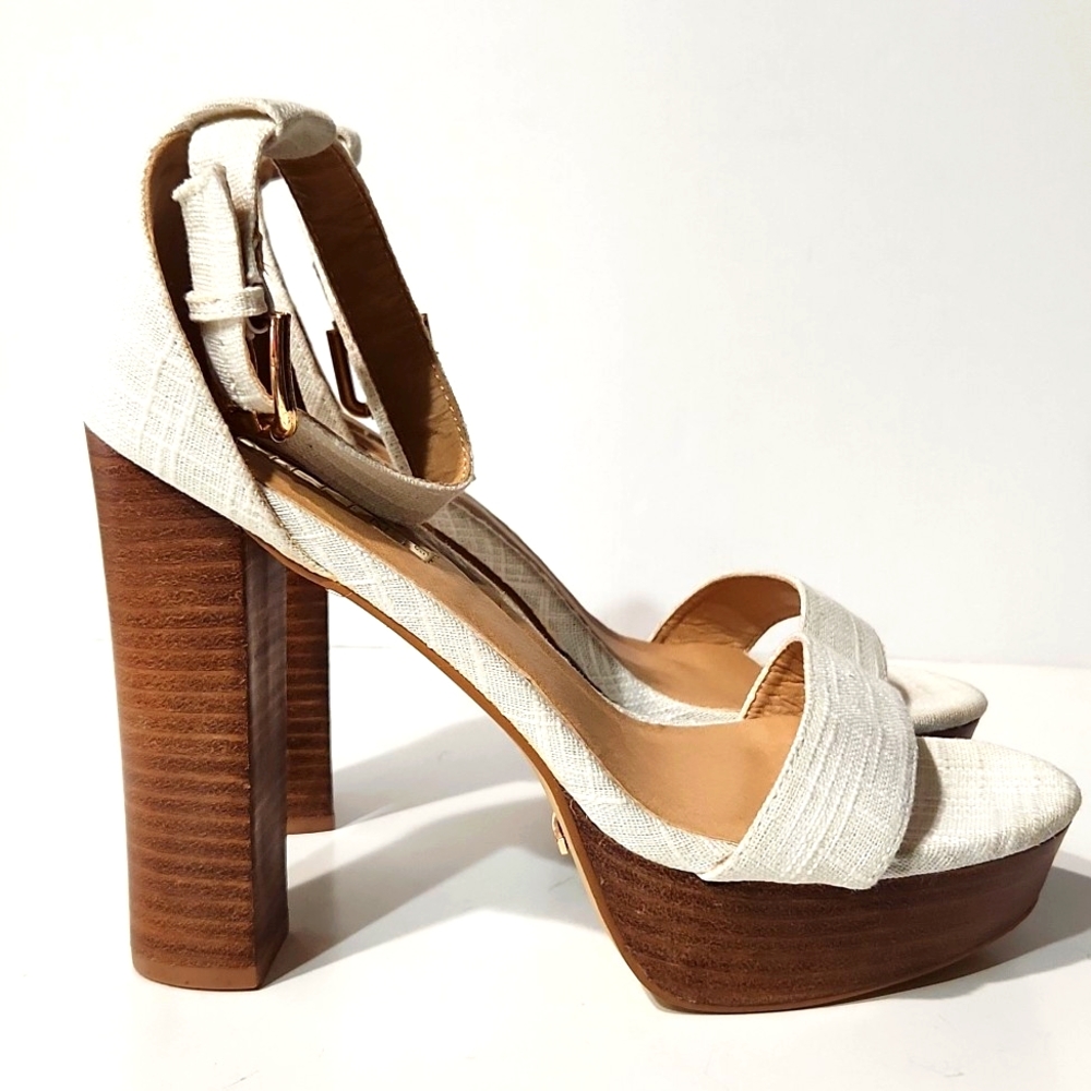 NEW Billini Tahiti White Linen Wood Platform Heels Size 10